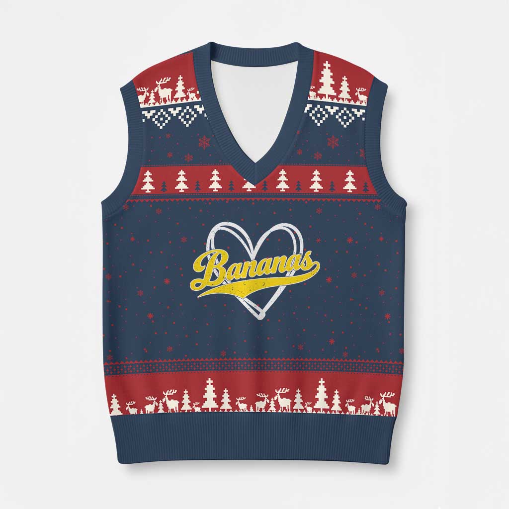 Bananas Vintage Heart Baseball Fan Game Day V-Neck Knit Sweater Vest TS11 Navy Red Print Your Wear