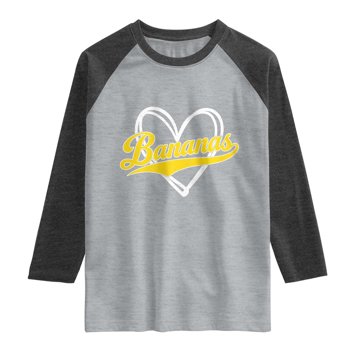 Bananas Vintage Heart Baseball Fan Game Day Raglan Shirt TS11 Heather Gray Heather Charcoal Print Your Wear