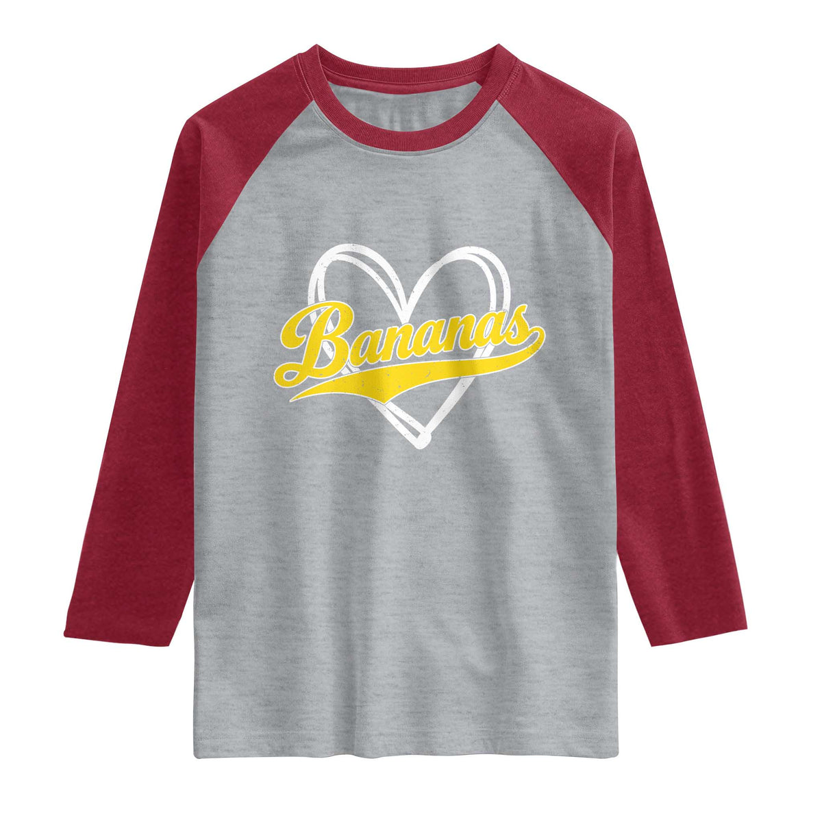 Bananas Vintage Heart Baseball Fan Game Day Raglan Shirt TS11 Heather Gray Heather Red Print Your Wear