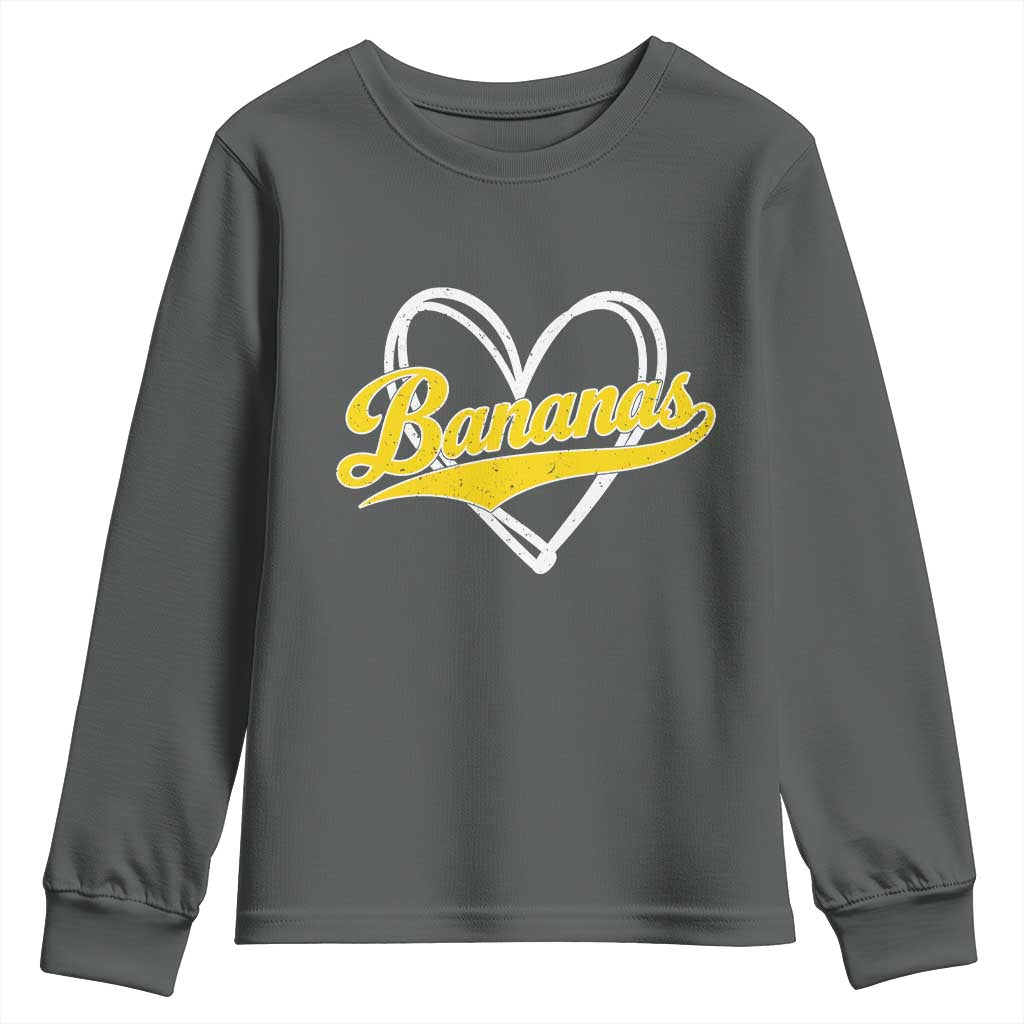 Bananas Vintage Heart Baseball Fan Game Day Youth Sweatshirt TS11 Dark Heather Print Your Wear