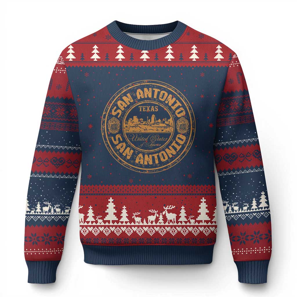 San Antonio Texas TX Vintage Souvenir Texan Pride Ugly Christmas Sweater TS11 Navy Red Print Your Wear