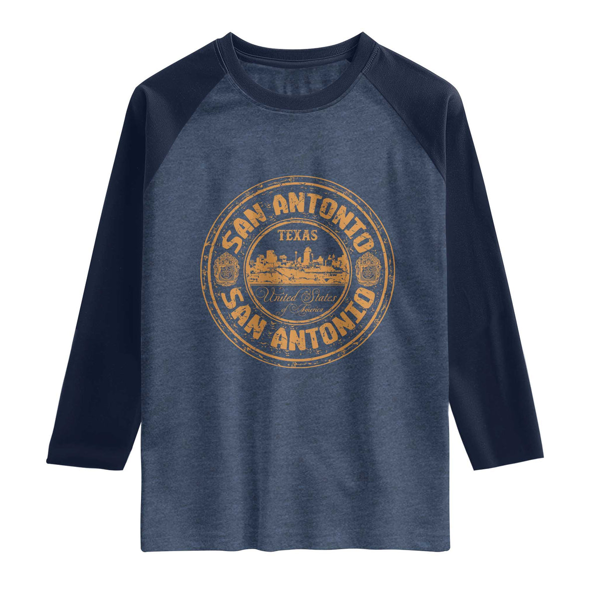 San Antonio Texas TX Vintage Souvenir Texan Pride Raglan Shirt TS11 Heather Denim Navy Print Your Wear