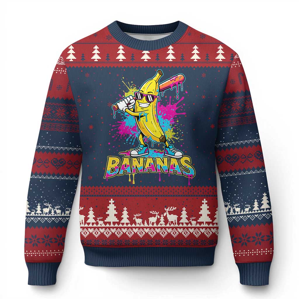 Funny Bananas Baseball Drip Ice Cream Sports Splatter Ugly Christmas Sweater TS11 Navy Red Print Your Wear