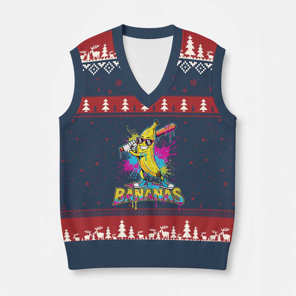 Funny Bananas Baseball Drip Ice Cream Sports Splatter V-Neck Knit Sweater Vest TS11 Navy Red Print Your Wear