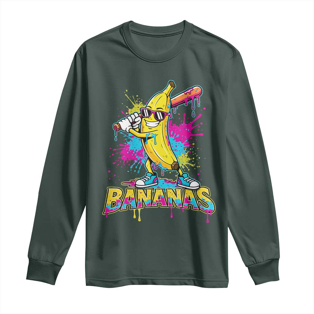 Funny Bananas Baseball Drip Ice Cream Sports Splatter Long Sleeve Shirt TS11 Dark Forest Green Print Your Wear