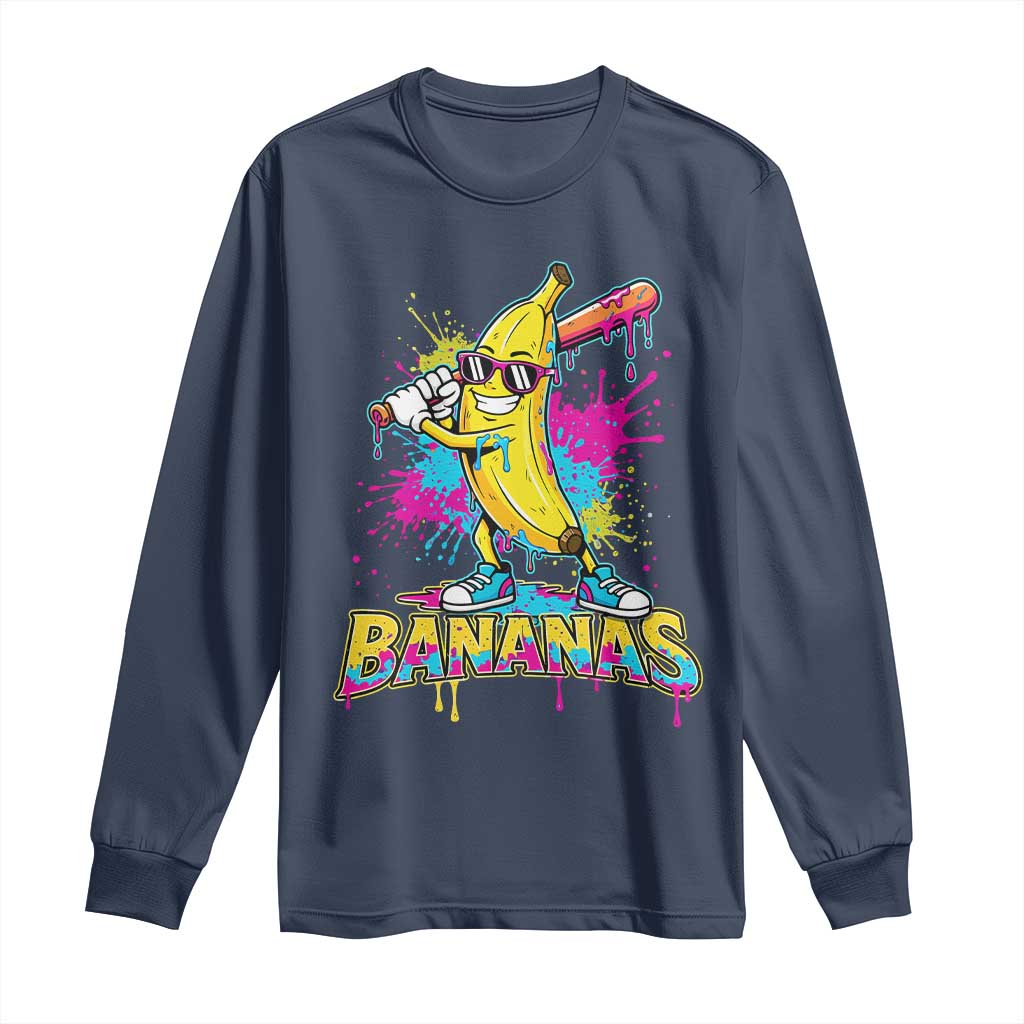 Funny Bananas Baseball Drip Ice Cream Sports Splatter Long Sleeve Shirt TS11 Navy Print Your Wear