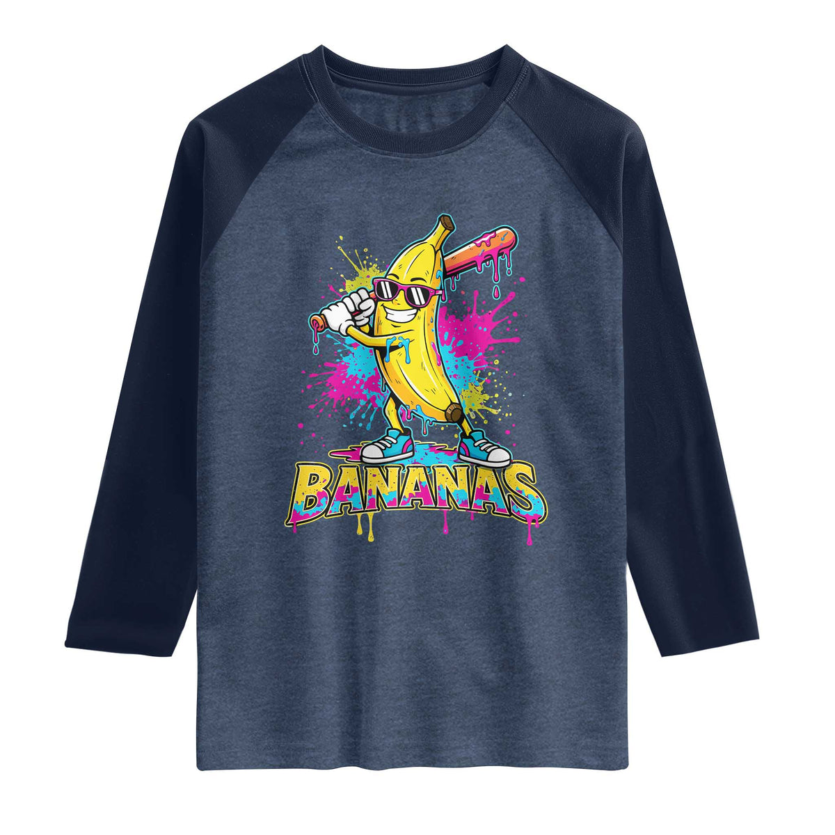 Funny Bananas Baseball Drip Ice Cream Sports Splatter Raglan Shirt TS11 Heather Denim Navy Print Your Wear