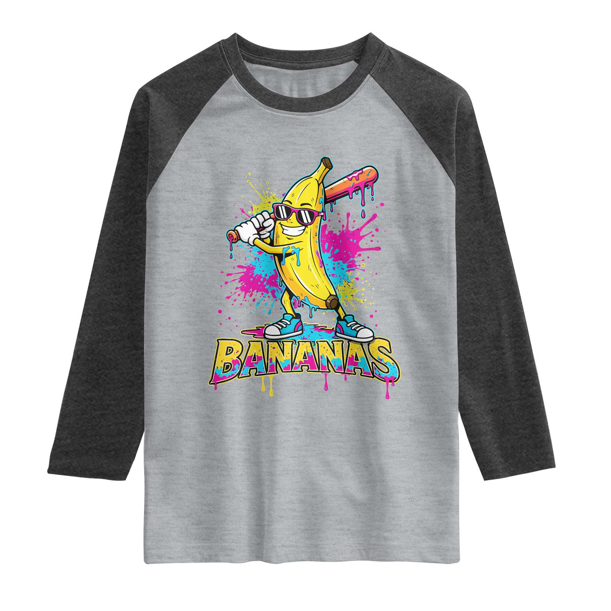 Funny Bananas Baseball Drip Ice Cream Sports Splatter Raglan Shirt TS11 Heather Gray Heather Charcoal Print Your Wear