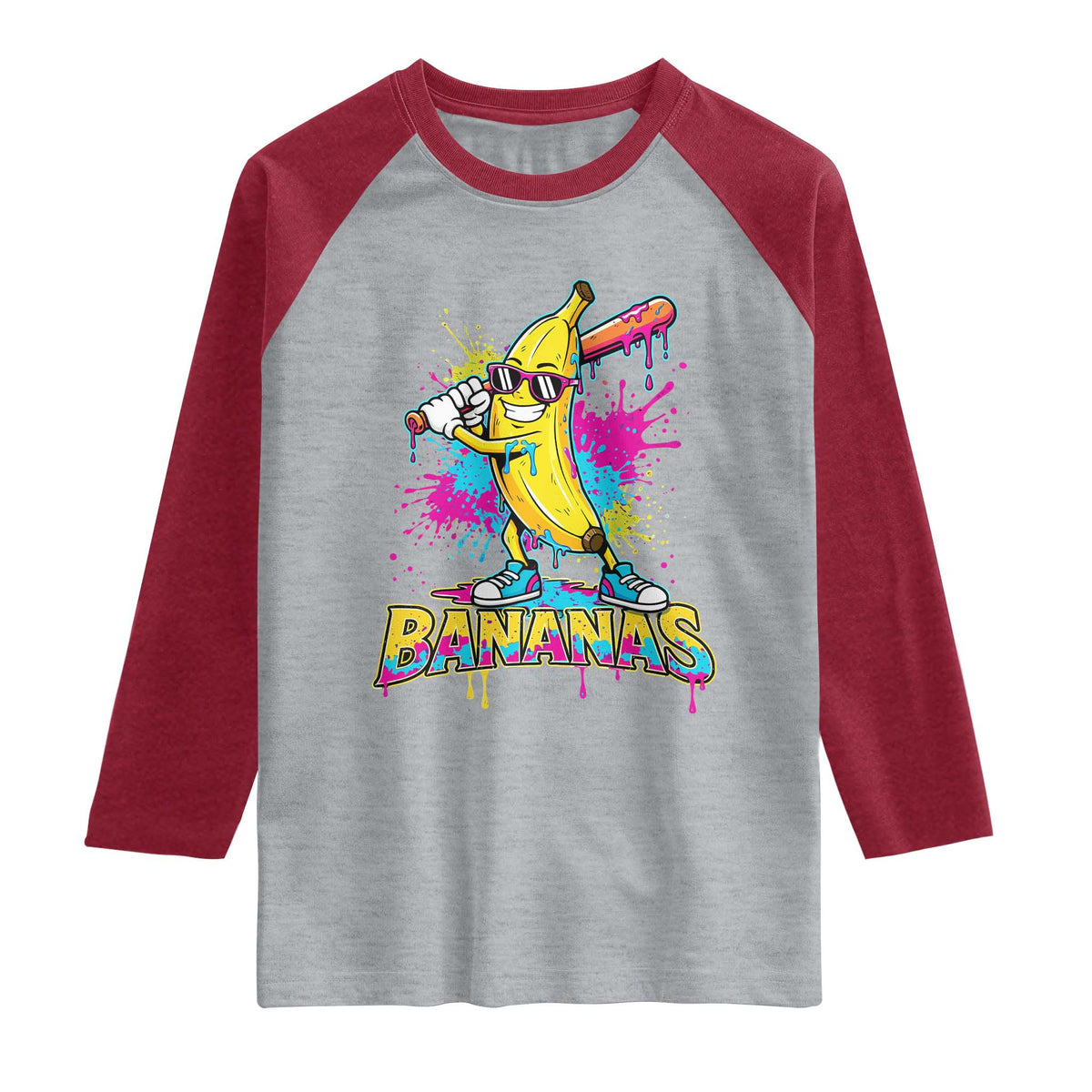 Funny Bananas Baseball Drip Ice Cream Sports Splatter Raglan Shirt TS11 Heather Gray Heather Red Print Your Wear