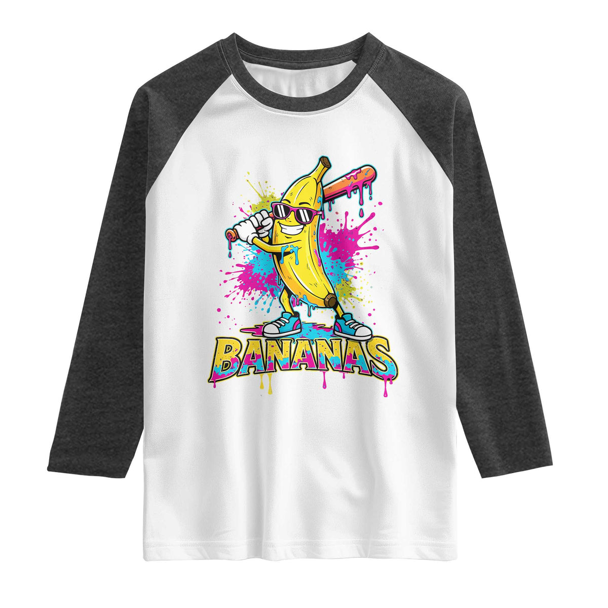 Funny Bananas Baseball Drip Ice Cream Sports Splatter Raglan Shirt TS11 White Heather Charcoal Print Your Wear