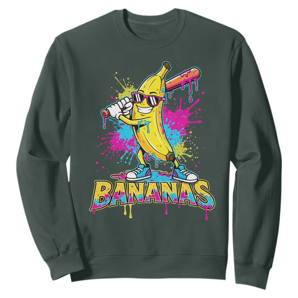 Funny Bananas Baseball Drip Ice Cream Sports Splatter Sweatshirt TS11 Dark Forest Green Print Your Wear