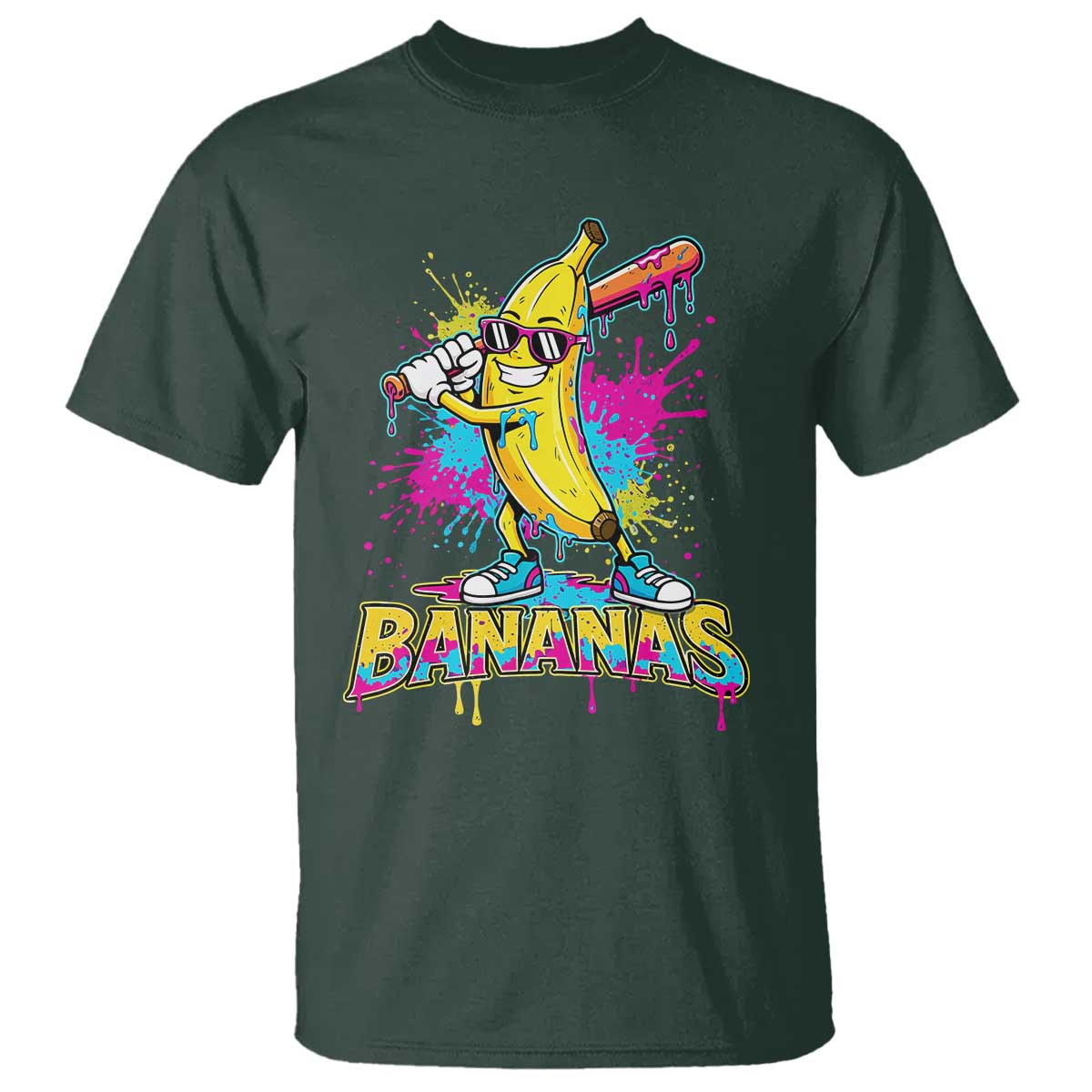 Funny Bananas Baseball Drip Ice Cream Sports Splatter T Shirt TS11 Dark Forest Green Print Your Wear