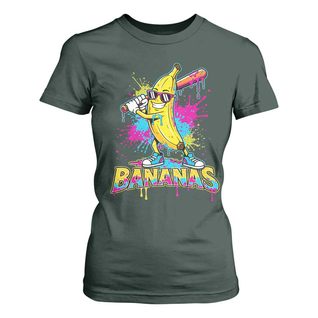 Funny Bananas Baseball Drip Ice Cream Sports Splatter T Shirt For Women TS11 Dark Forest Green Print Your Wear
