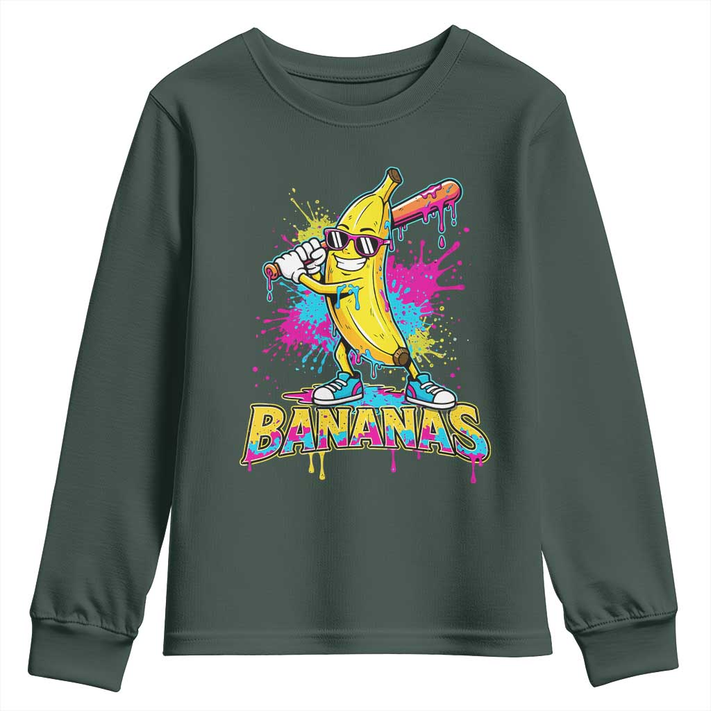 Funny Bananas Baseball Drip Ice Cream Sports Splatter Youth Sweatshirt TS11 Dark Forest Green Print Your Wear