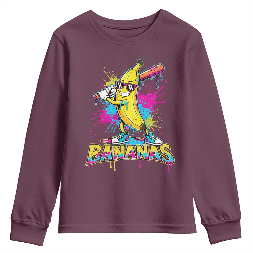 Funny Bananas Baseball Drip Ice Cream Sports Splatter Youth Sweatshirt TS11 Maroon Print Your Wear