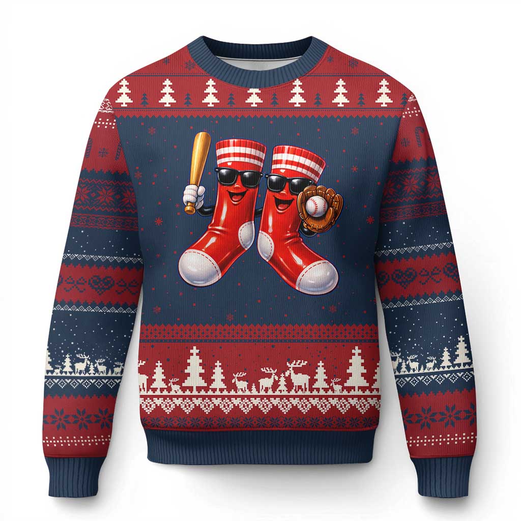 Funny Red Socks Playing Baseball Graphic Sport Game Day Ugly Christmas Sweater TS11 Navy Red Print Your Wear