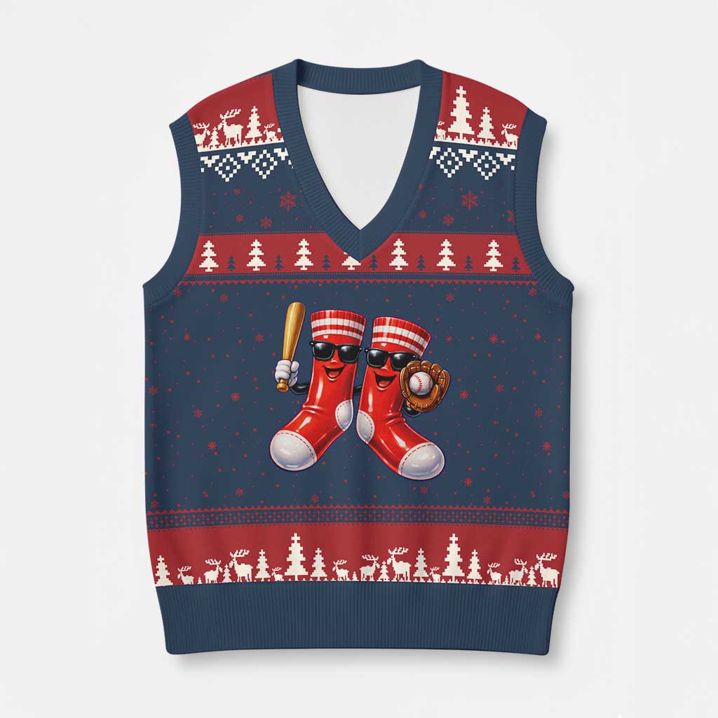 Funny Red Socks Playing Baseball Graphic Sport Game Day V-Neck Knit Sweater Vest TS11 Navy Red Print Your Wear