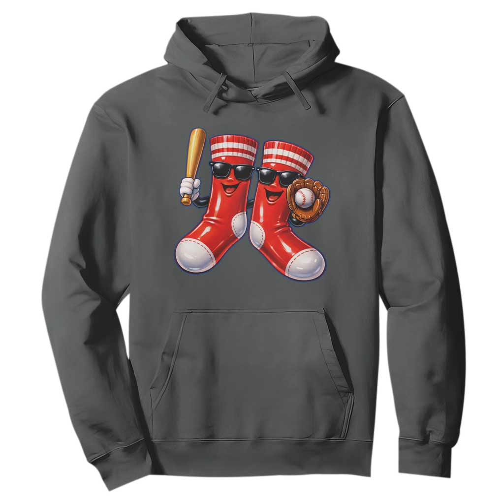 Funny Red Socks Playing Baseball Graphic Sport Game Day Hoodie TS11 Dark Heather Print Your Wear