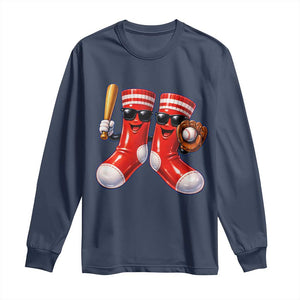 Funny Red Socks Playing Baseball Graphic Sport Game Day Long Sleeve Shirt TS11 Navy Print Your Wear