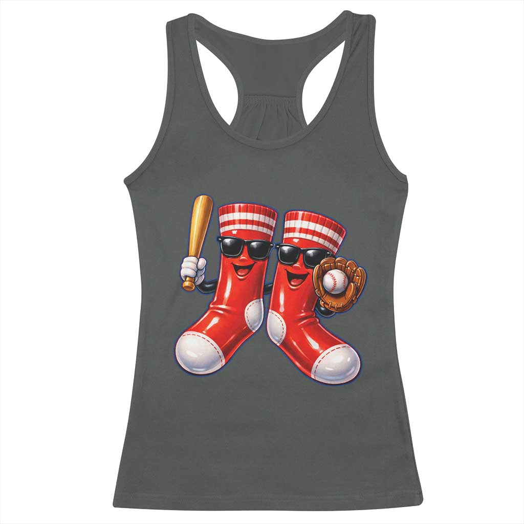 Funny Red Socks Playing Baseball Graphic Sport Game Day Racerback Tank Top TS11 Dark Heather Print Your Wear