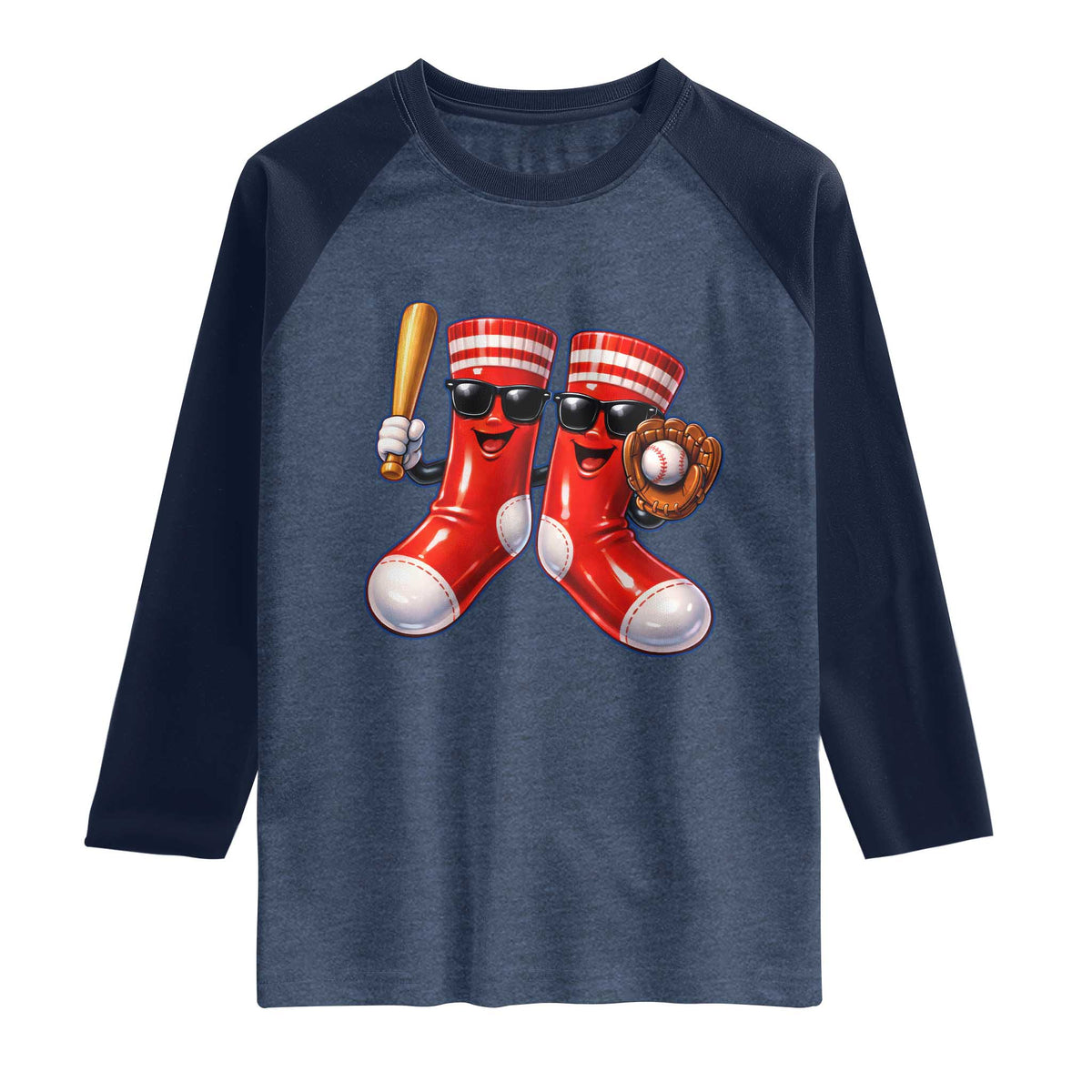 Funny Red Socks Playing Baseball Graphic Sport Game Day Raglan Shirt TS11 Heather Denim Navy Print Your Wear