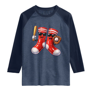 Funny Red Socks Playing Baseball Graphic Sport Game Day Raglan Shirt TS11 Heather Denim Navy Print Your Wear
