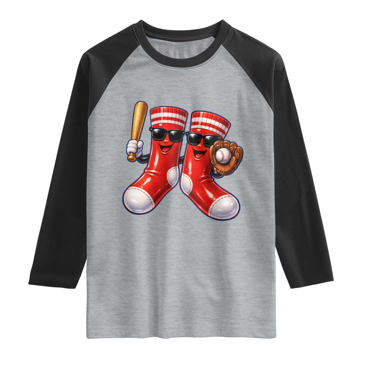 Funny Red Socks Playing Baseball Graphic Sport Game Day Raglan Shirt TS11 Heather Gray Black Print Your Wear
