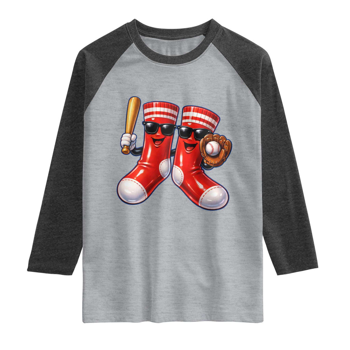 Funny Red Socks Playing Baseball Graphic Sport Game Day Raglan Shirt TS11 Heather Gray Heather Charcoal Print Your Wear