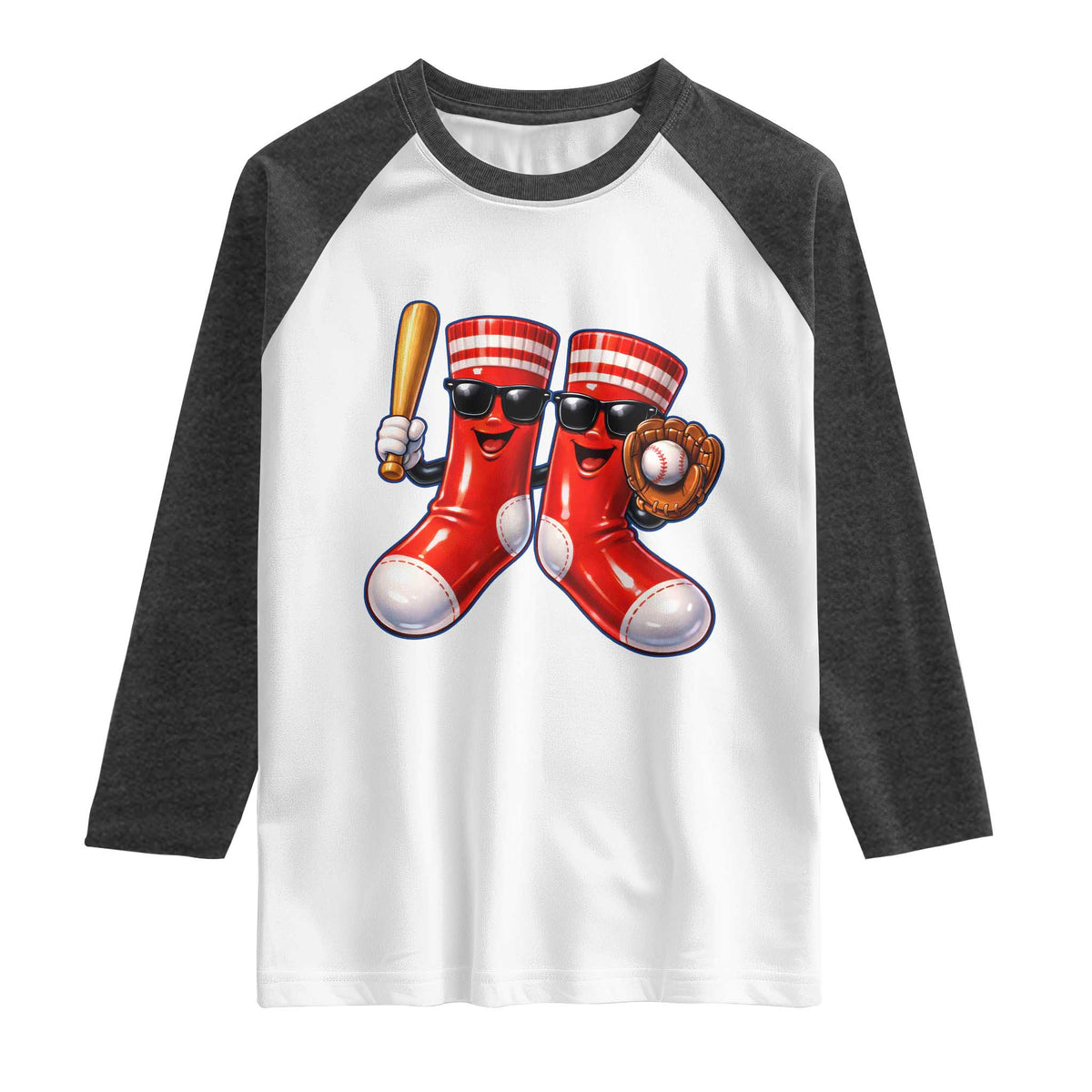 Funny Red Socks Playing Baseball Graphic Sport Game Day Raglan Shirt TS11 White Heather Charcoal Print Your Wear