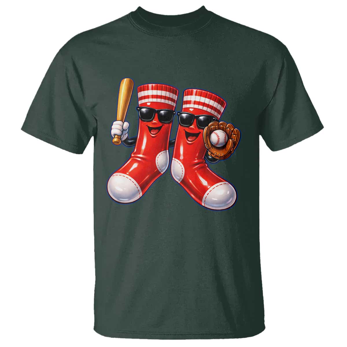 Funny Red Socks Playing Baseball Graphic Sport Game Day T Shirt TS11 Dark Forest Green Print Your Wear