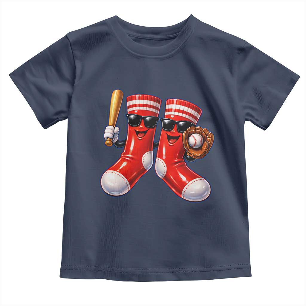 Funny Red Socks Playing Baseball Graphic Sport Game Day Toddler T Shirt TS11 Navy Print Your Wear