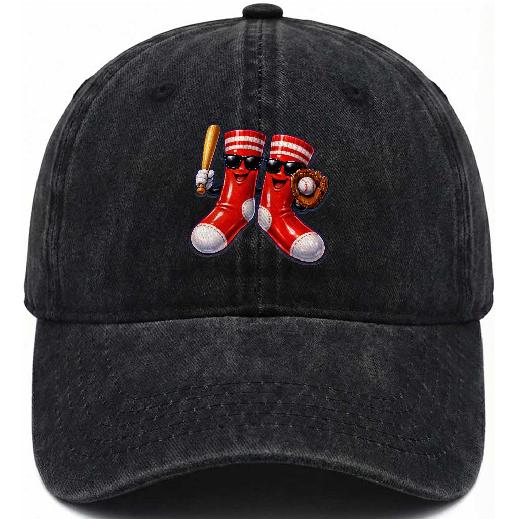 Funny Red Socks Playing Baseball Graphic Sport Game Day Washed Cotton Baseball Cap