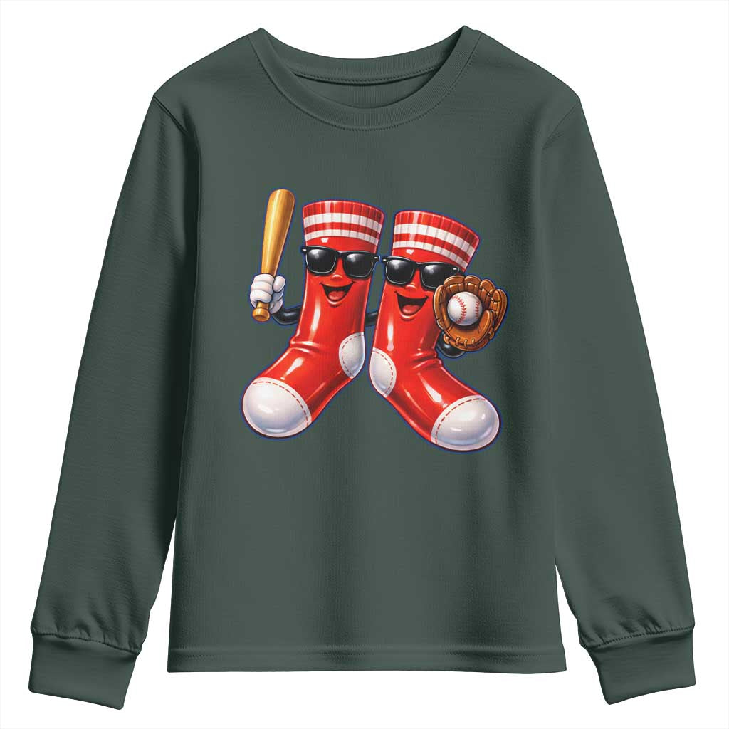 Funny Red Socks Playing Baseball Graphic Sport Game Day Youth Sweatshirt TS11 Dark Forest Green Print Your Wear