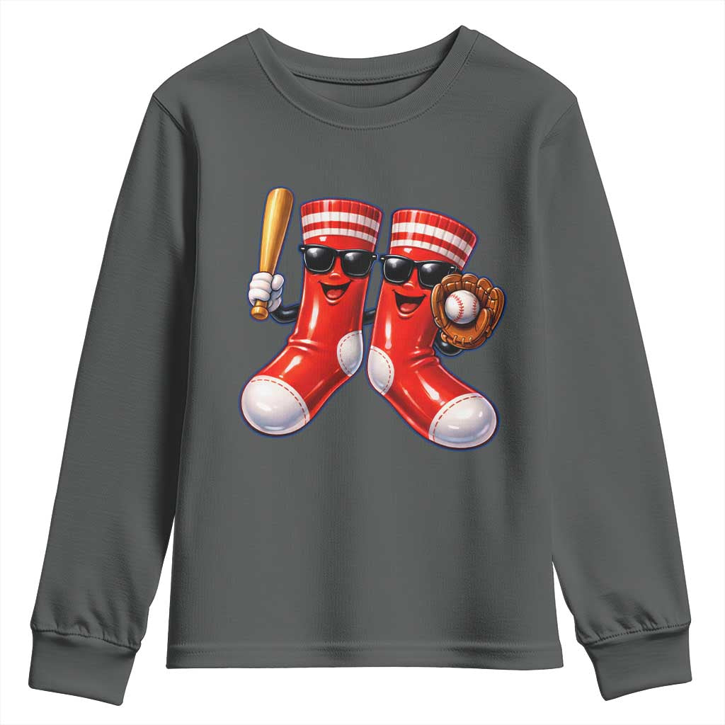 Funny Red Socks Playing Baseball Graphic Sport Game Day Youth Sweatshirt TS11 Dark Heather Print Your Wear
