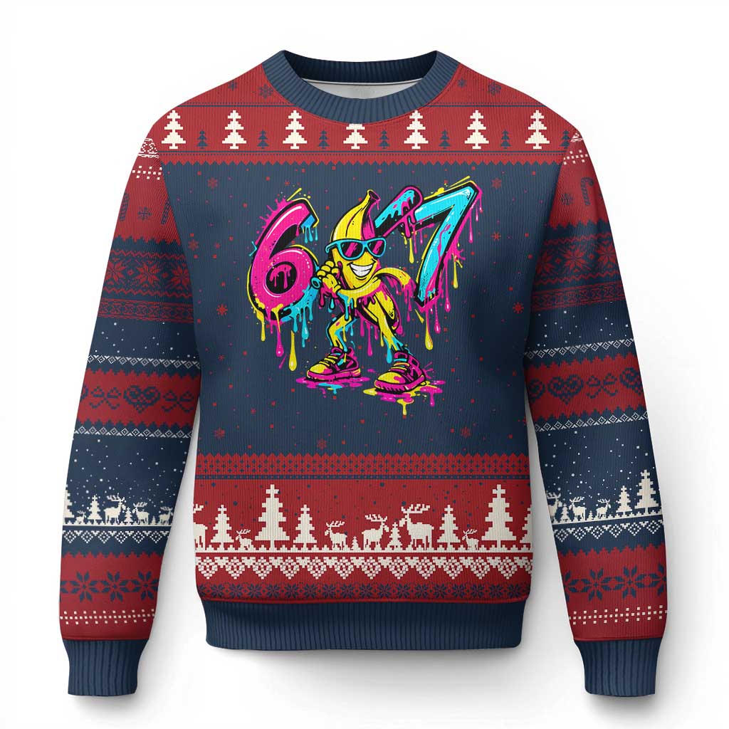 Funny 67 Banana Baseball Drip Ice Cream Six Seven Meme Ugly Christmas Sweater TS11 Navy Red Print Your Wear