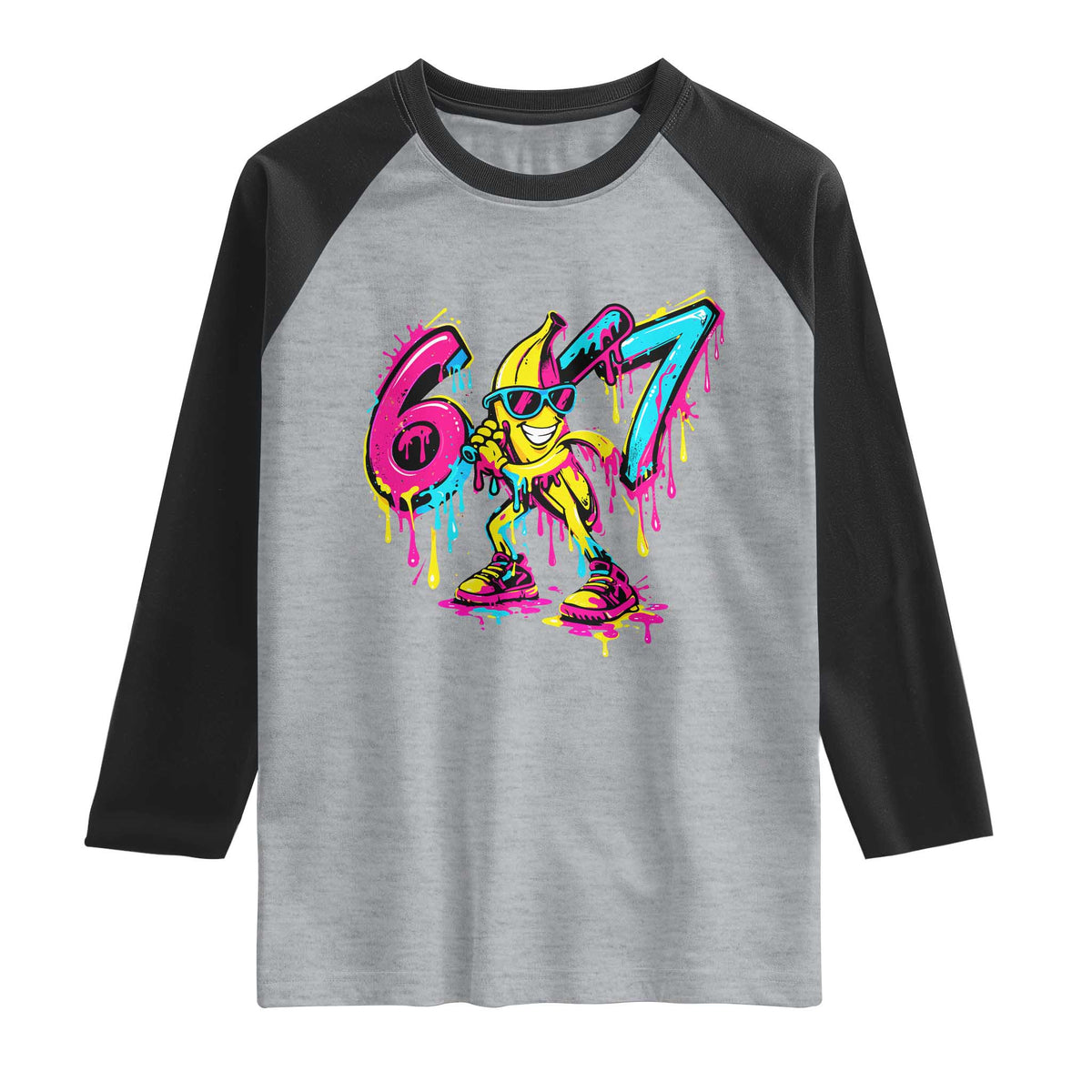 Funny 67 Banana Baseball Drip Ice Cream Six Seven Meme Raglan Shirt TS11 Heather Gray Black Print Your Wear