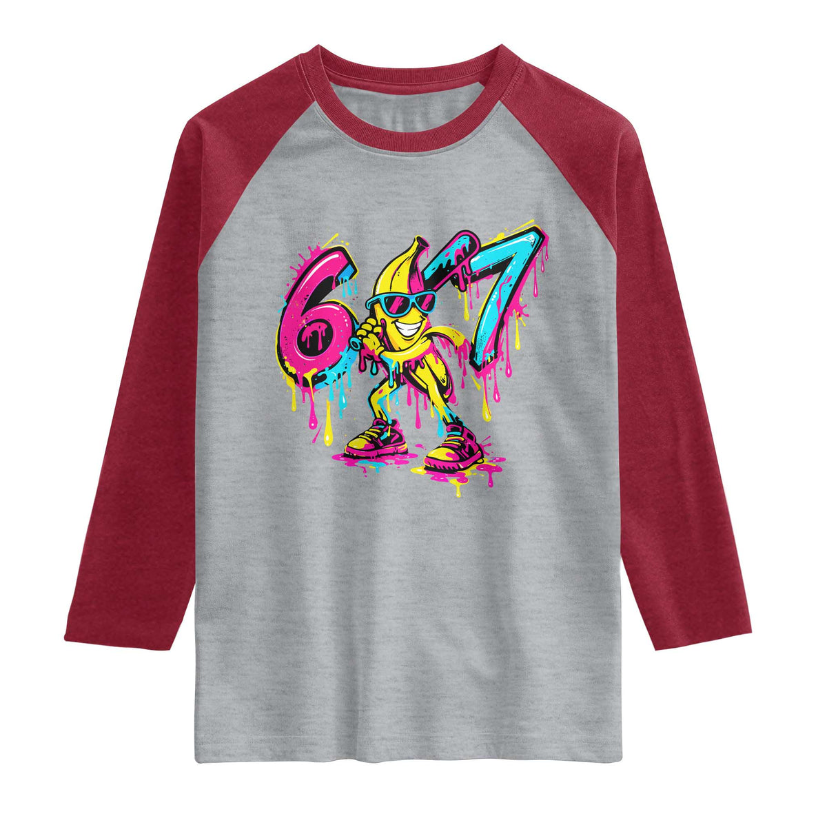 Funny 67 Banana Baseball Drip Ice Cream Six Seven Meme Raglan Shirt TS11 Heather Gray Heather Red Print Your Wear