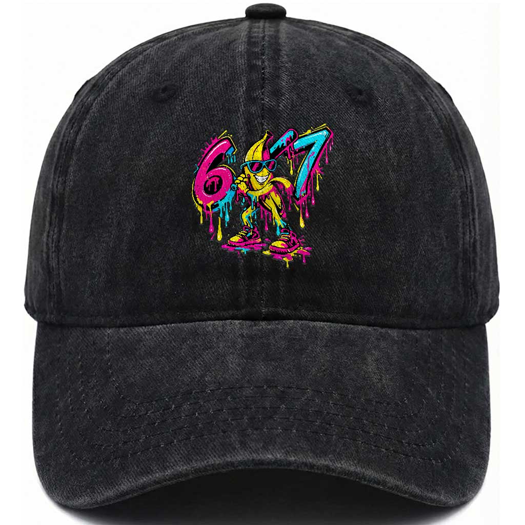 Funny 67 Banana Baseball Drip Ice Cream Six Seven Meme Washed Cotton Baseball Cap TS11 Washed Cap Universal Fit Black Print Your Wear