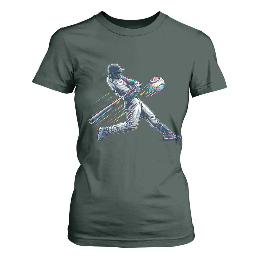 Ice Cream Baseball Player Dripping Game Day T Shirt For Women TS11 Dark Forest Green Print Your Wear