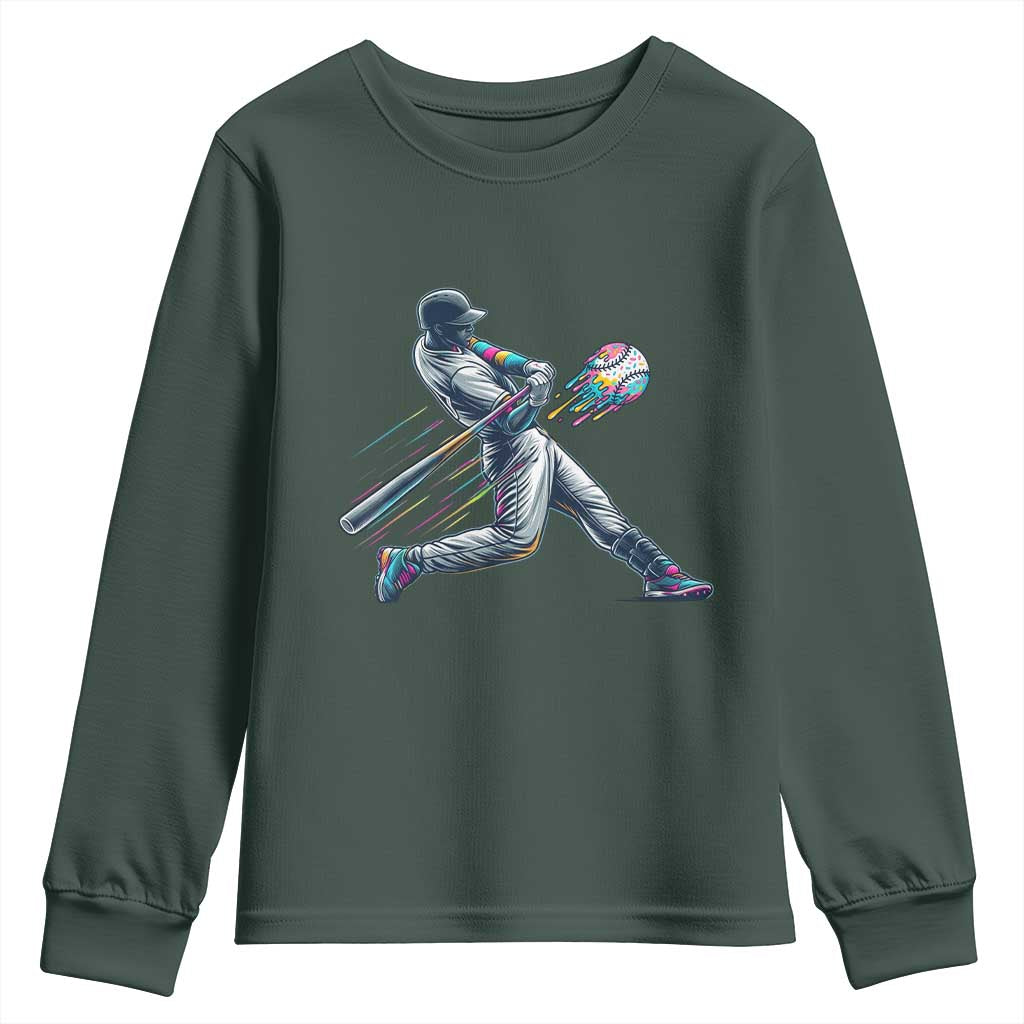 Ice Cream Baseball Player Dripping Game Day Youth Sweatshirt TS11 Dark Forest Green Print Your Wear