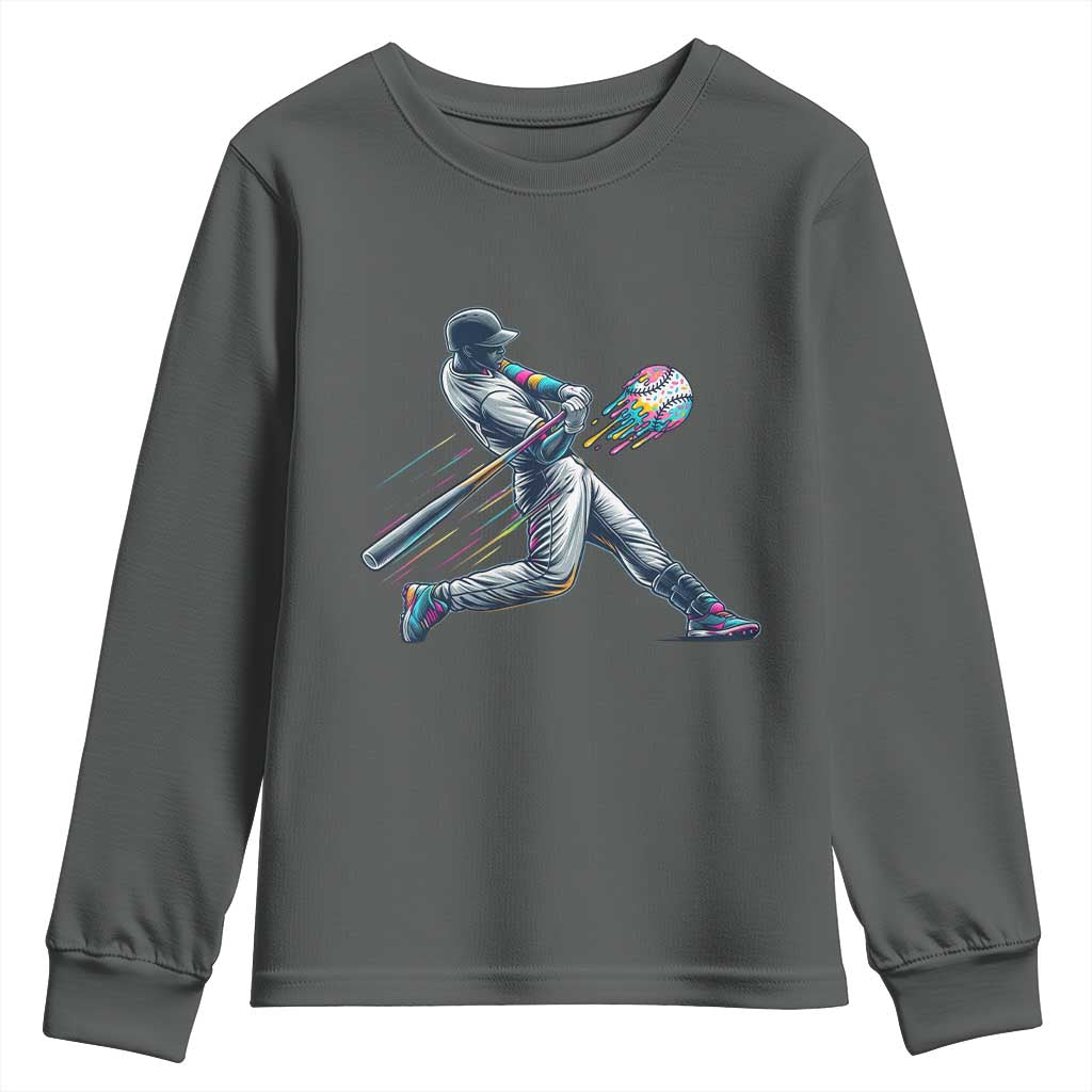 Ice Cream Baseball Player Dripping Game Day Youth Sweatshirt TS11 Dark Heather Print Your Wear