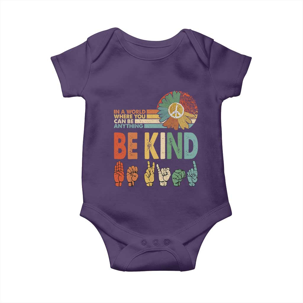 In A World Where You Can Be Anything Be Kind Baby Onesie Sign Language Retro Peace Sign TS11 Purple Print Your Wear
