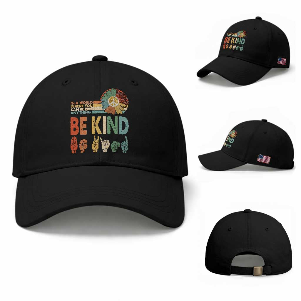 In A World Where You Can Be Anything Be Kind Baseball Cap Sign Language Retro Peace Sign