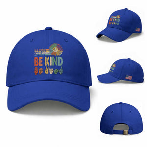 In A World Where You Can Be Anything Be Kind Baseball Cap Sign Language Retro Peace Sign