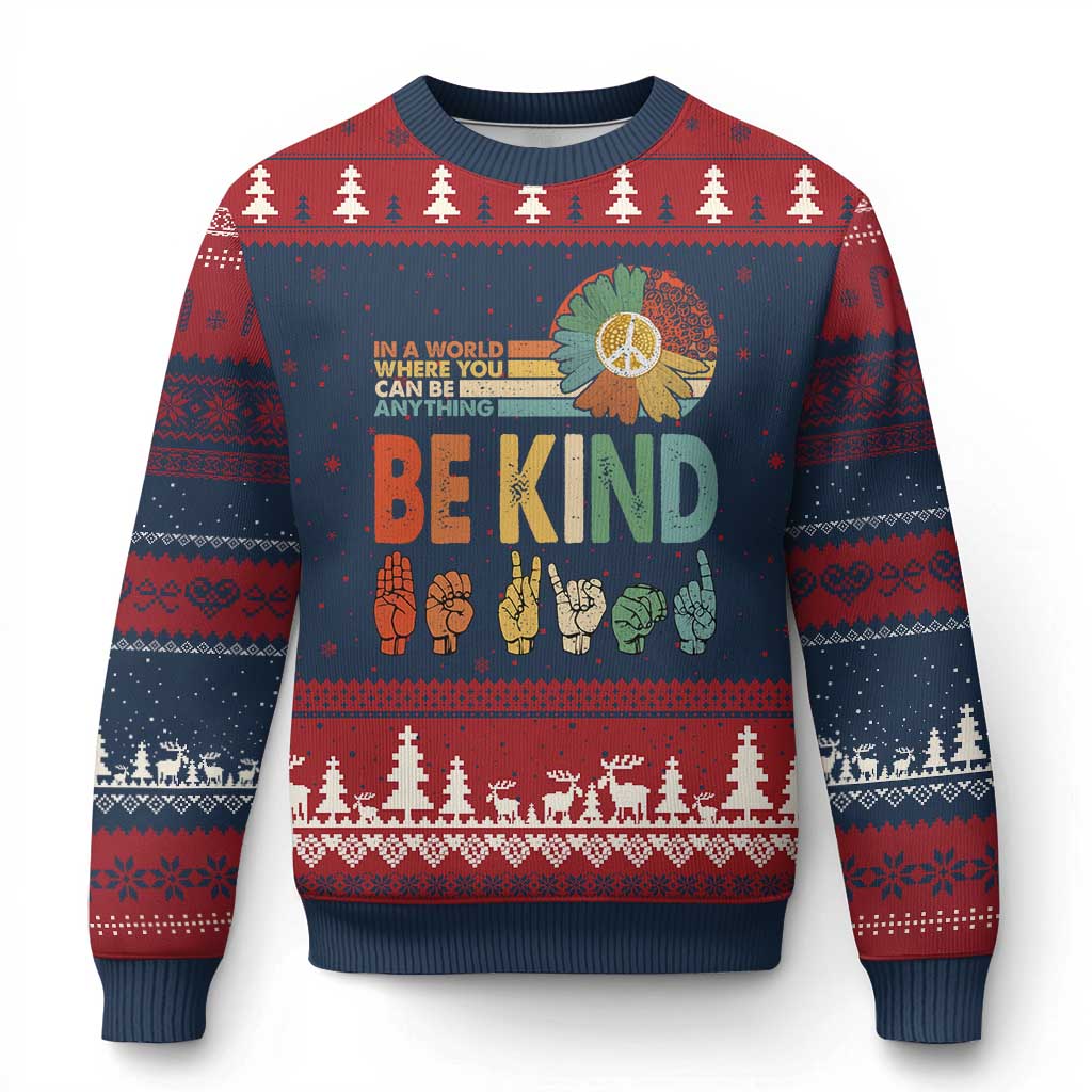 In A World Where You Can Be Anything Be Kind Ugly Christmas Sweater Sign Language Retro Peace Sign TS11 Navy Red Print Your Wear