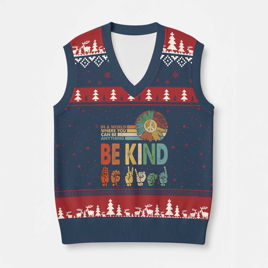 In A World Where You Can Be Anything Be Kind V-Neck Knit Sweater Vest Sign Language Retro Peace Sign TS11 Navy Red Print Your Wear