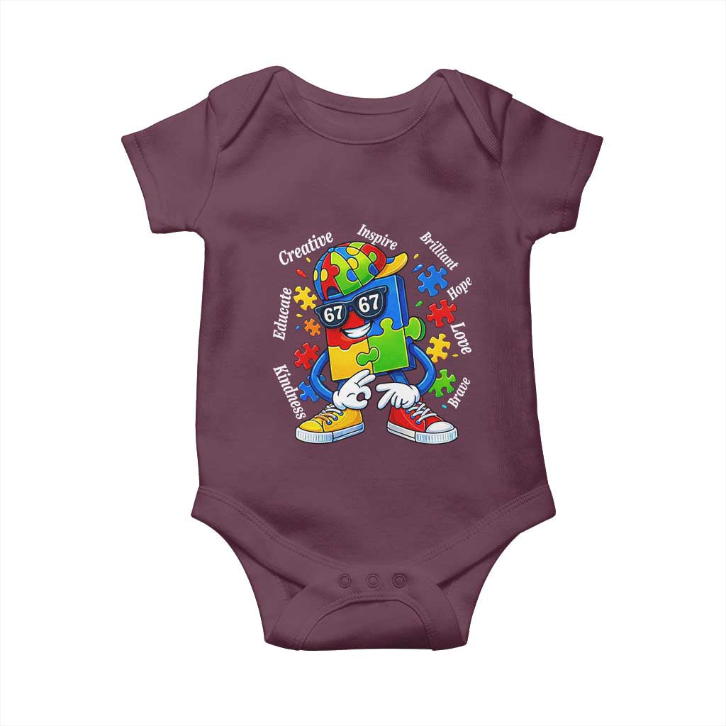 Funny 67 Autism Awareness Baby Onesie Six Seven Puzzle Meme Creative Brilliant Hope Love Kindness TS11 Maroon Print Your Wear