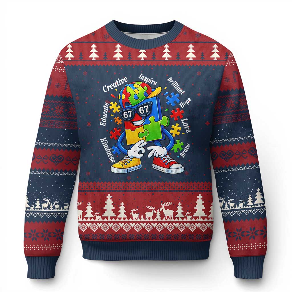 Funny 67 Autism Awareness Ugly Christmas Sweater Six Seven Puzzle Meme Creative Brilliant Hope Love Kindness TS11 Navy Red Print Your Wear