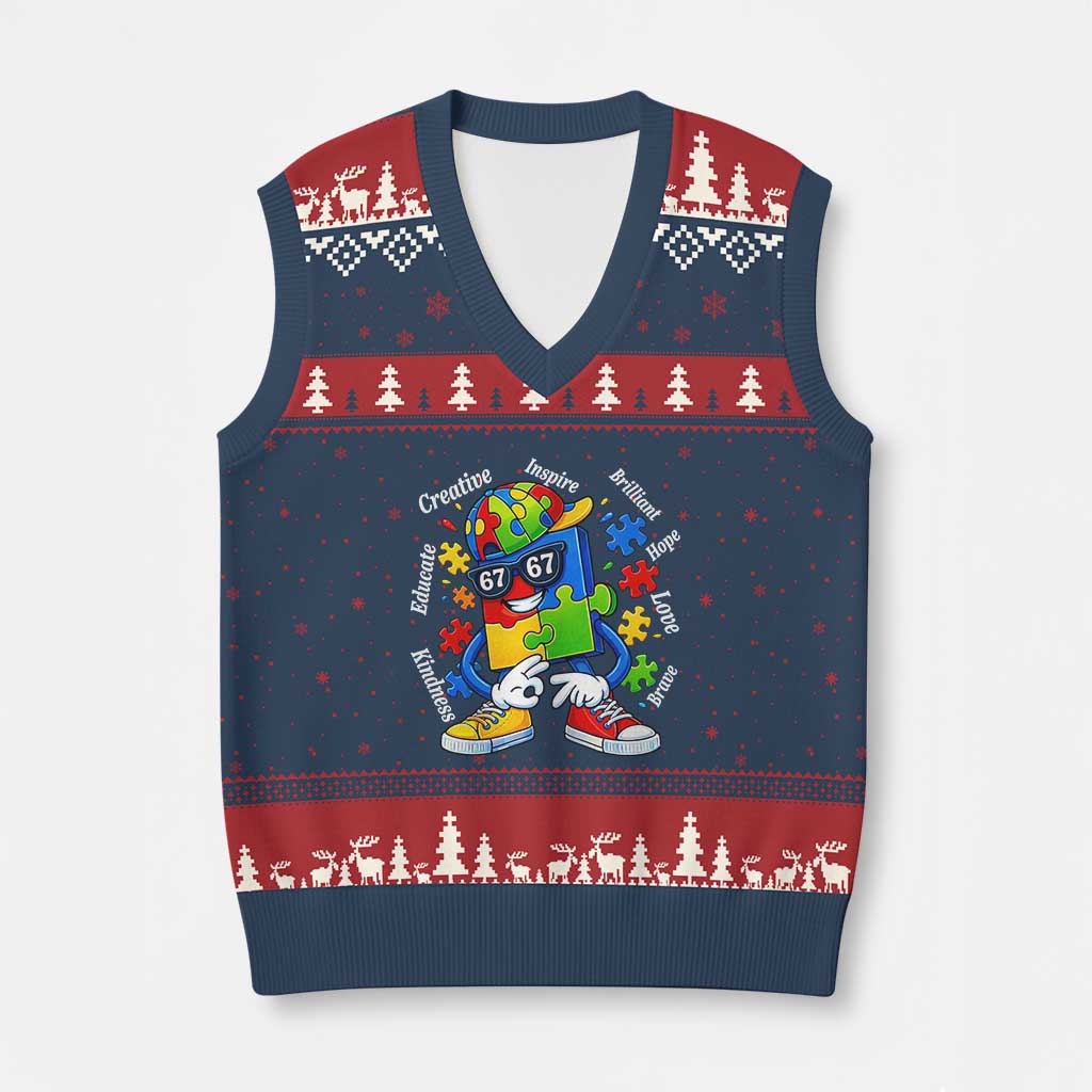 Funny 67 Autism Awareness V-Neck Knit Sweater Vest Six Seven Puzzle Meme Creative Brilliant Hope Love Kindness TS11 Navy Red Print Your Wear