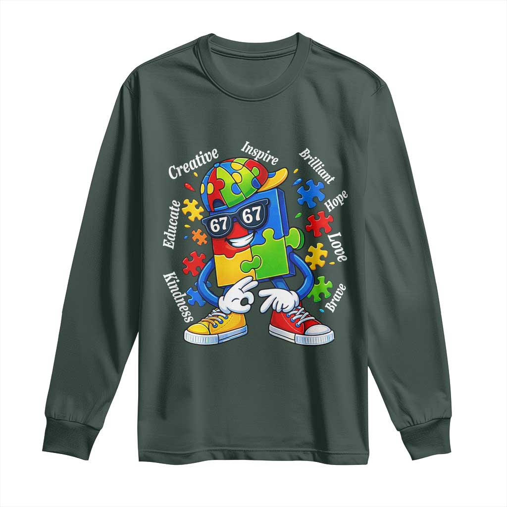 Funny 67 Autism Awareness Long Sleeve Shirt Six Seven Puzzle Meme Creative Brilliant Hope Love Kindness TS11 Dark Forest Green Print Your Wear